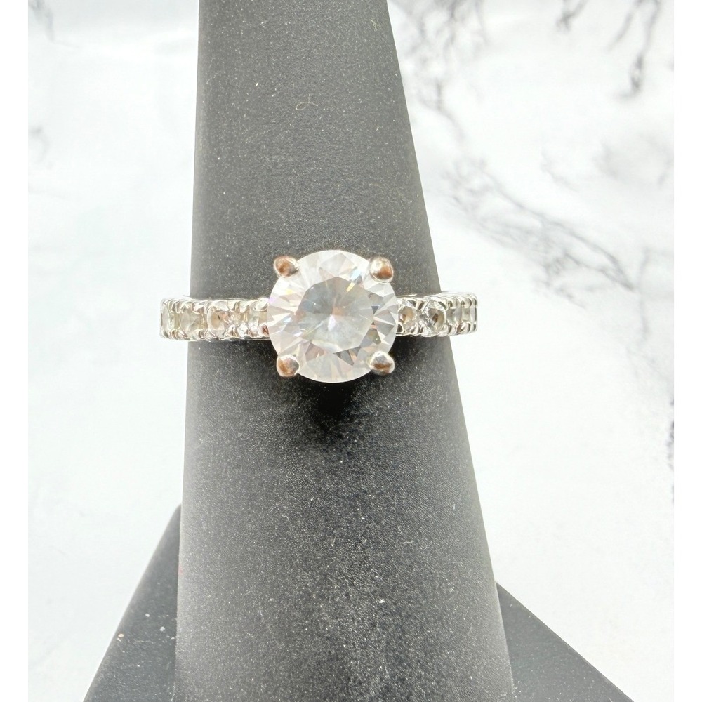 Vintage Clear Glass Solitaire Ring Silver Tone Pave Band Costume Size 7